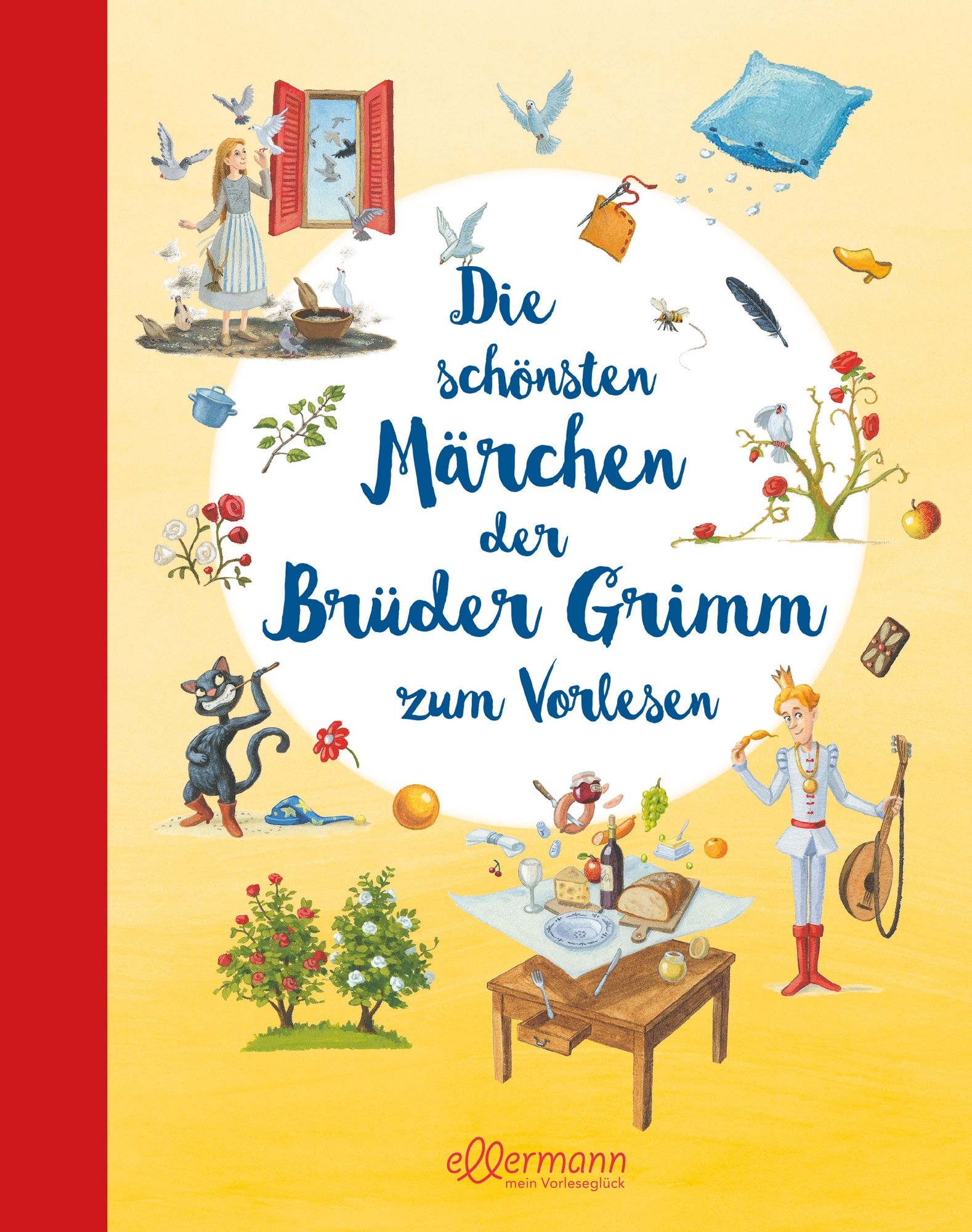 Buchcover mit Titel: Die schönsten Märchen der Brüder Grimm zum Vorlesen. Illustrationen mit Figuren und Szenen aus Märchen.