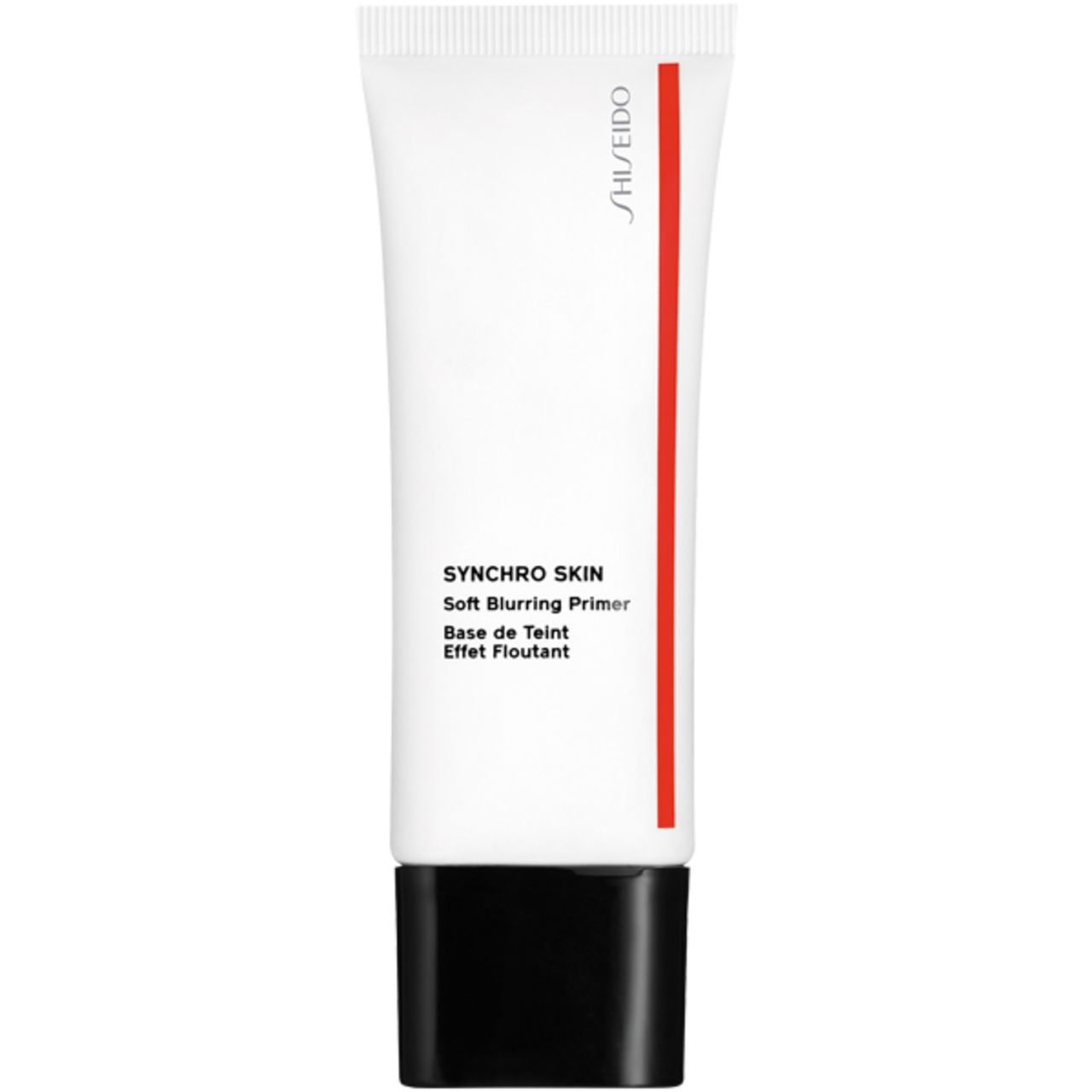 Weiße Tube mit schwarzem Verschluss. Roter Streifen und Schriftzug: Synchro Skin Soft Blurring Primer. Marke Shiseido.