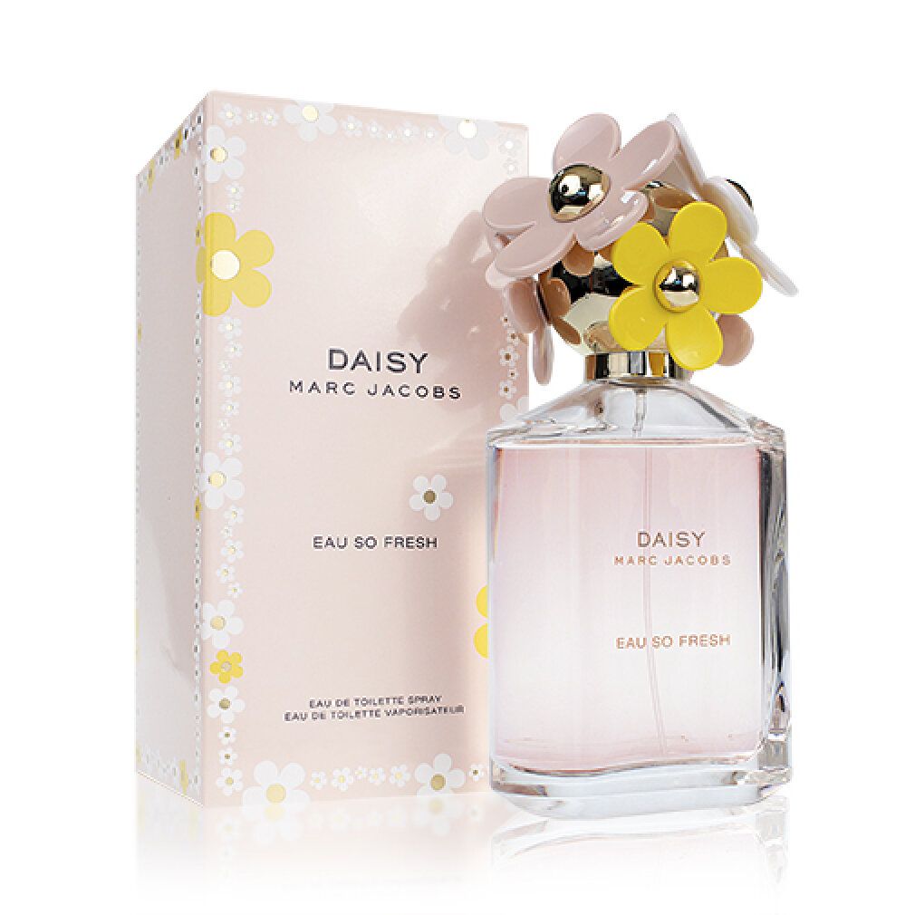 Parfümflasche und Schachtel. Flasche mit blumigem Deckel und rosa Flüssigkeit. Aufschrift: Daisy Eau So Fresh.