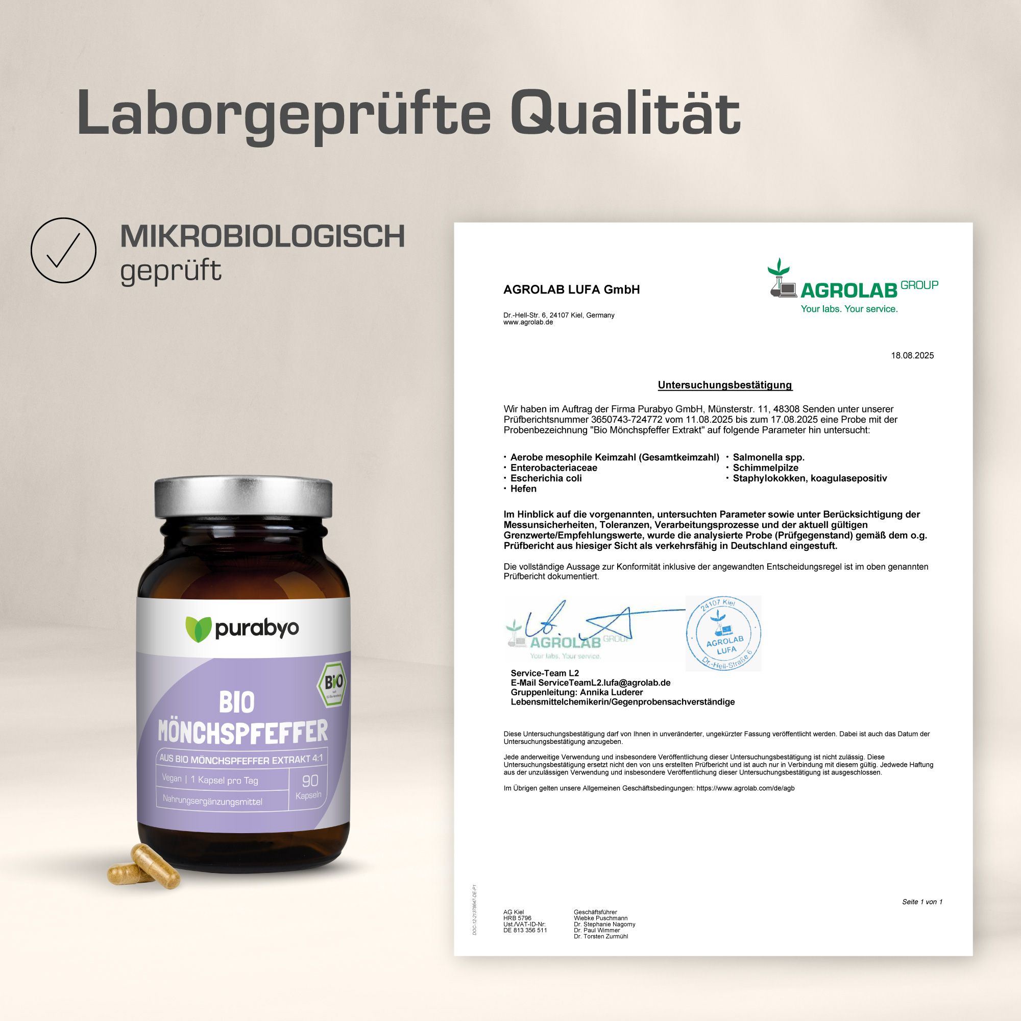 Braunglasflasche mit Produktetikett. Aufschrift: BIO Mönchspfeffer. Mikrobiologisch geprüft. Prüfbericht.