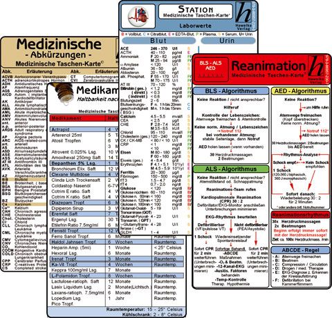 Mehrere Karten mit medizinischen Informationen. Titel: Medizinische Taschen-Karte, Laborwerte, Reanimation. Verschiedene Farben und Texte.
