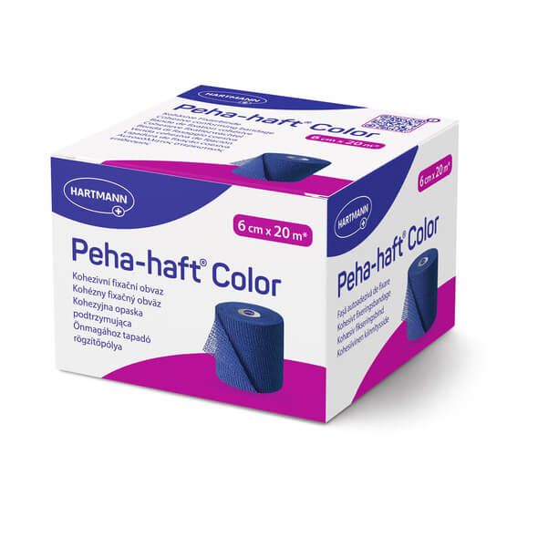 Verpackung mit blauem Verband. Aufschrift: Peha-haft Color, 6 cm x 20 m. Marke: HARTMANN. Auf der Verpackung ist ein gerollter Verband abgebildet.