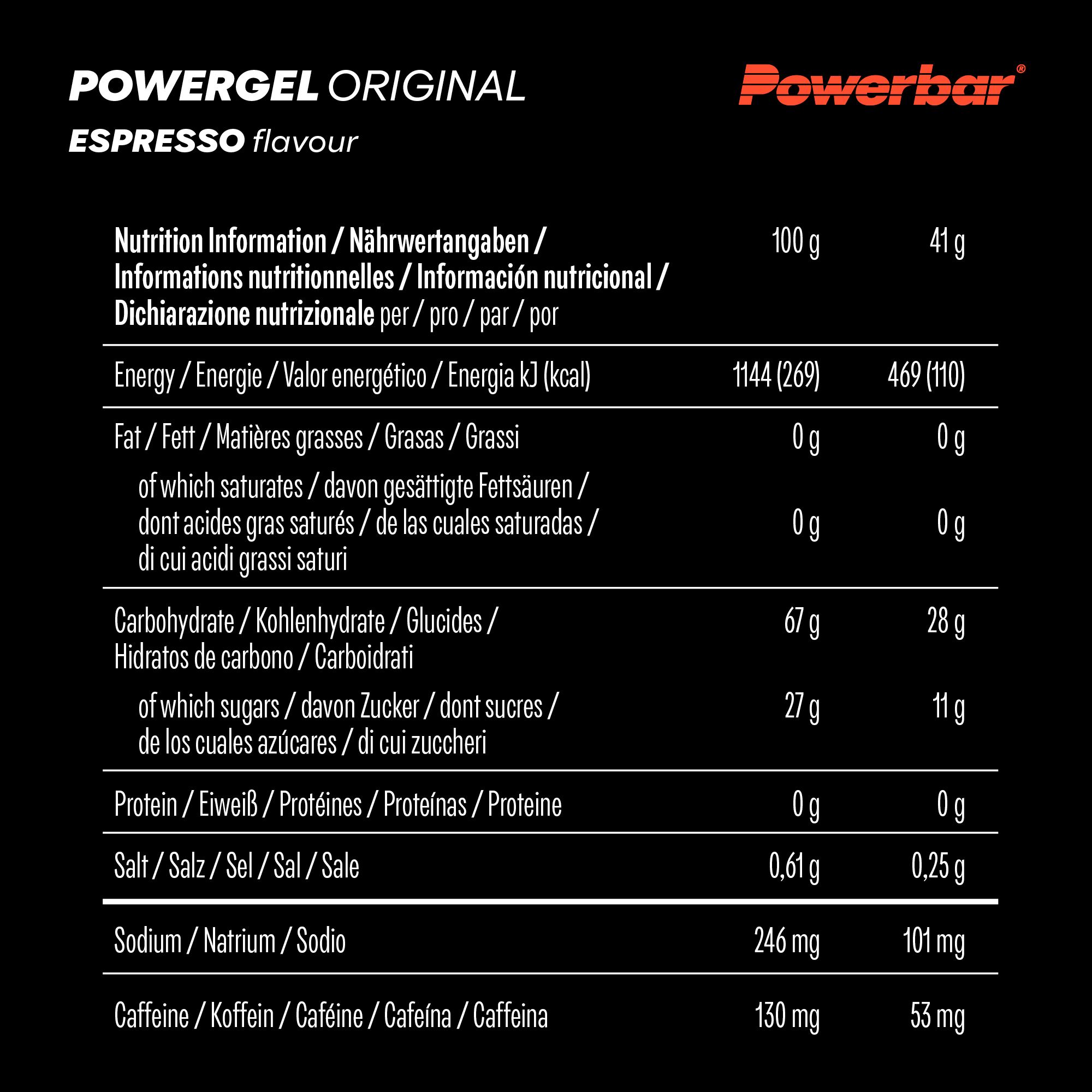 Nährwerttabelle für PowerBar PowerGel. Informationen in Deutsch, Englisch, Französisch und Italienisch. Angaben pro Portion.