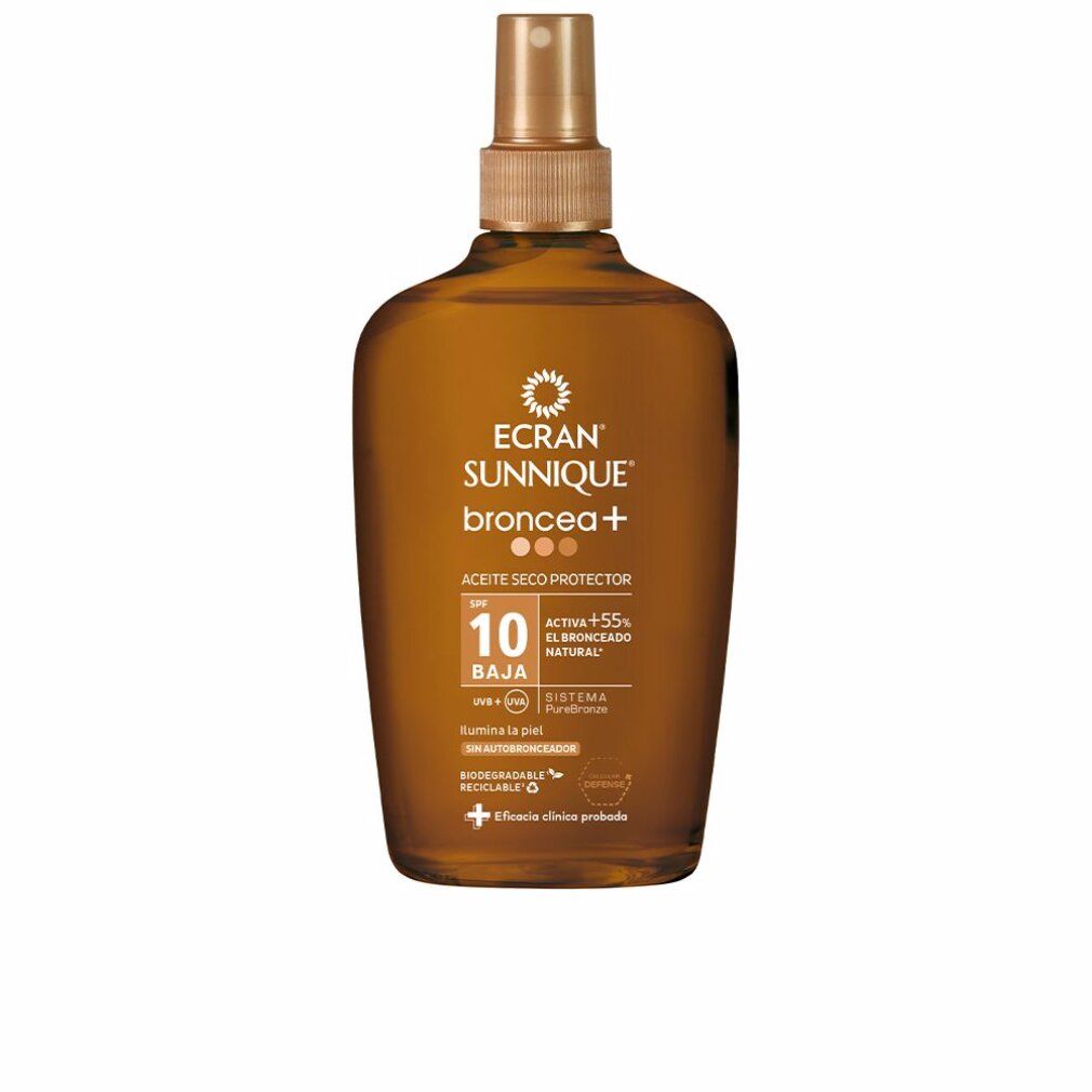 Bräunungsöl Spray LSF 10 von ECRAN SUNNIQUE. Braune Flasche mit Sprühkopf. Text: broncea+, aceite seco protector, SPF 10.