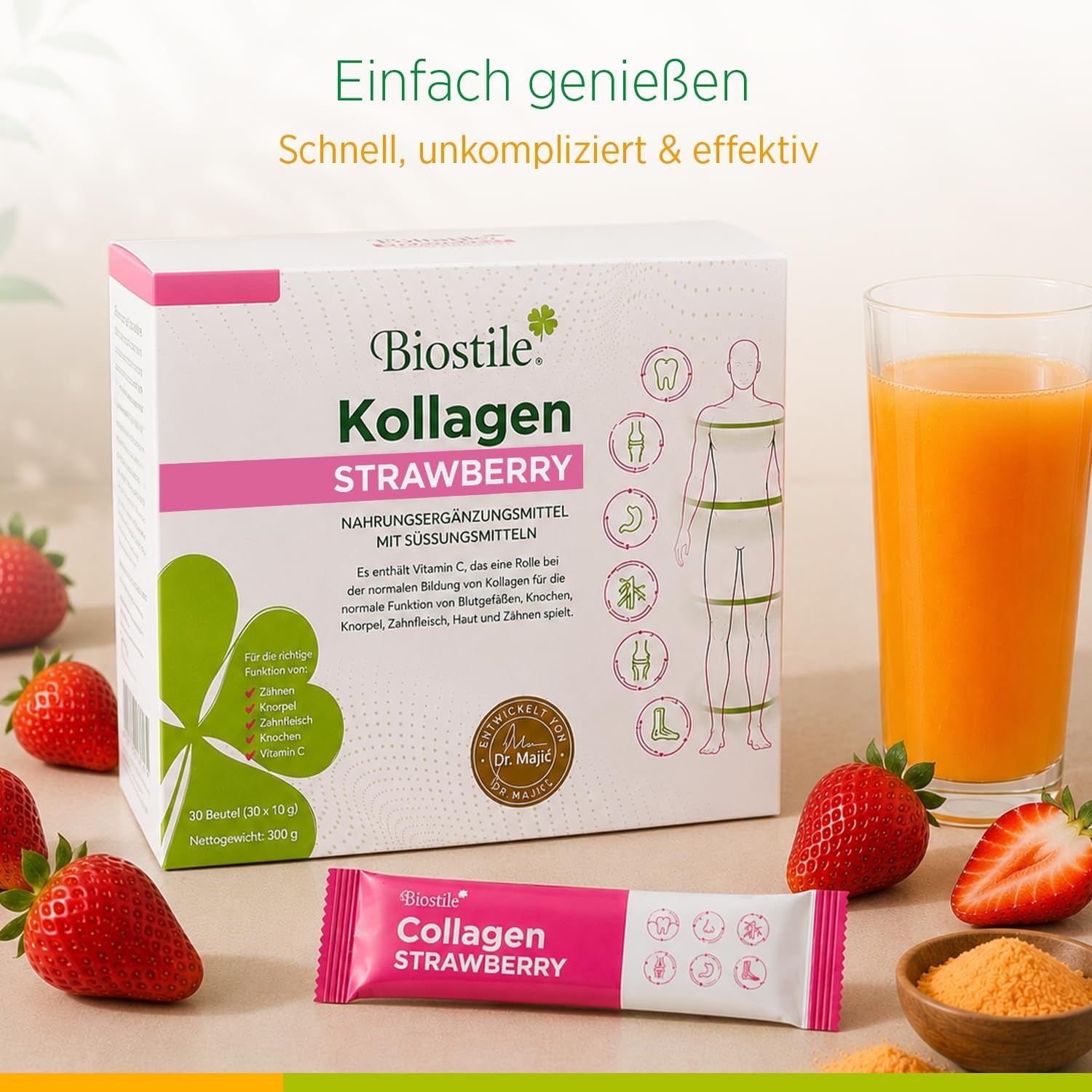 Biostile Collagen Strawberry Karton, Beutel, Erdbeeren und Glas Orangensaft.