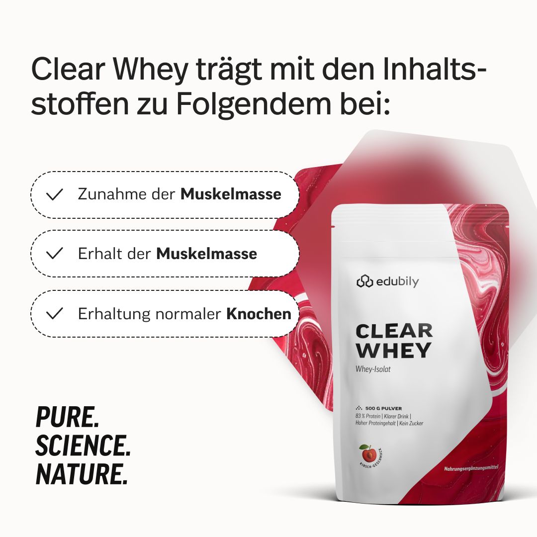 edubily Clear Whey: Zunahme/Erhalt Muskelmasse, Erhalt Knochen. PURE. SCIENCE. NATURE.