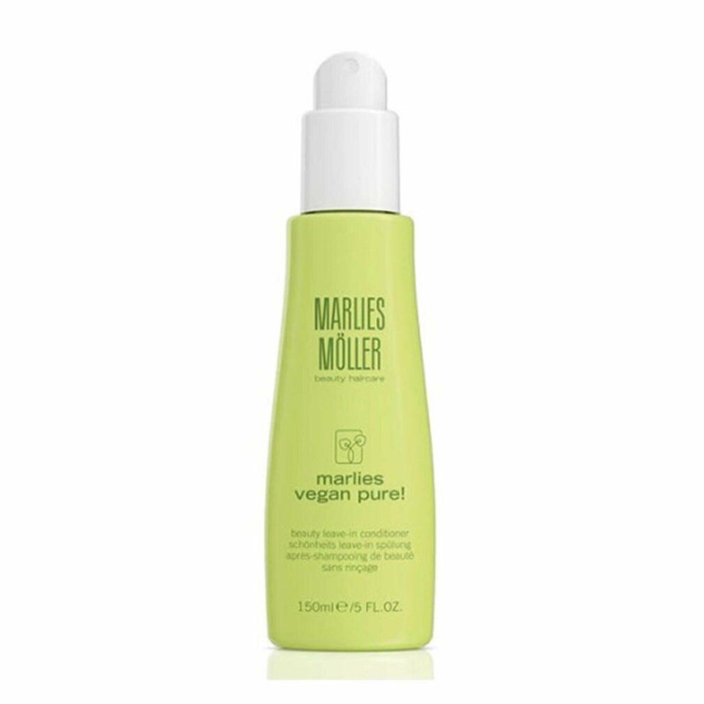 Grüne Flasche mit weißem Pumpkopf. Aufschrift: Marlies Möller, vegan pure!. Text: Beauty Leave-in Conditioner. 150ml/5 FL.OZ.