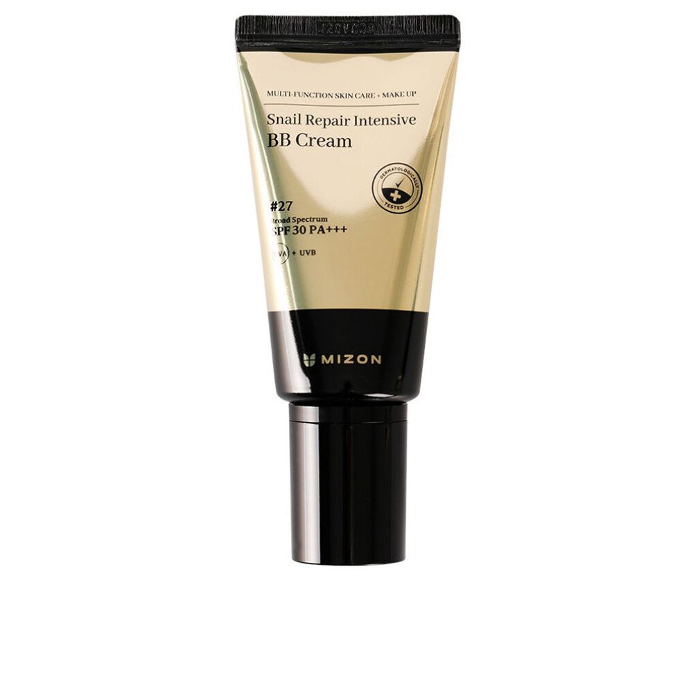 BB Cream Tube. Gold-Schwarz. Text: Snail Repair Intensive BB Cream, SPF30 PA+++, Mizon. Farbton #27.