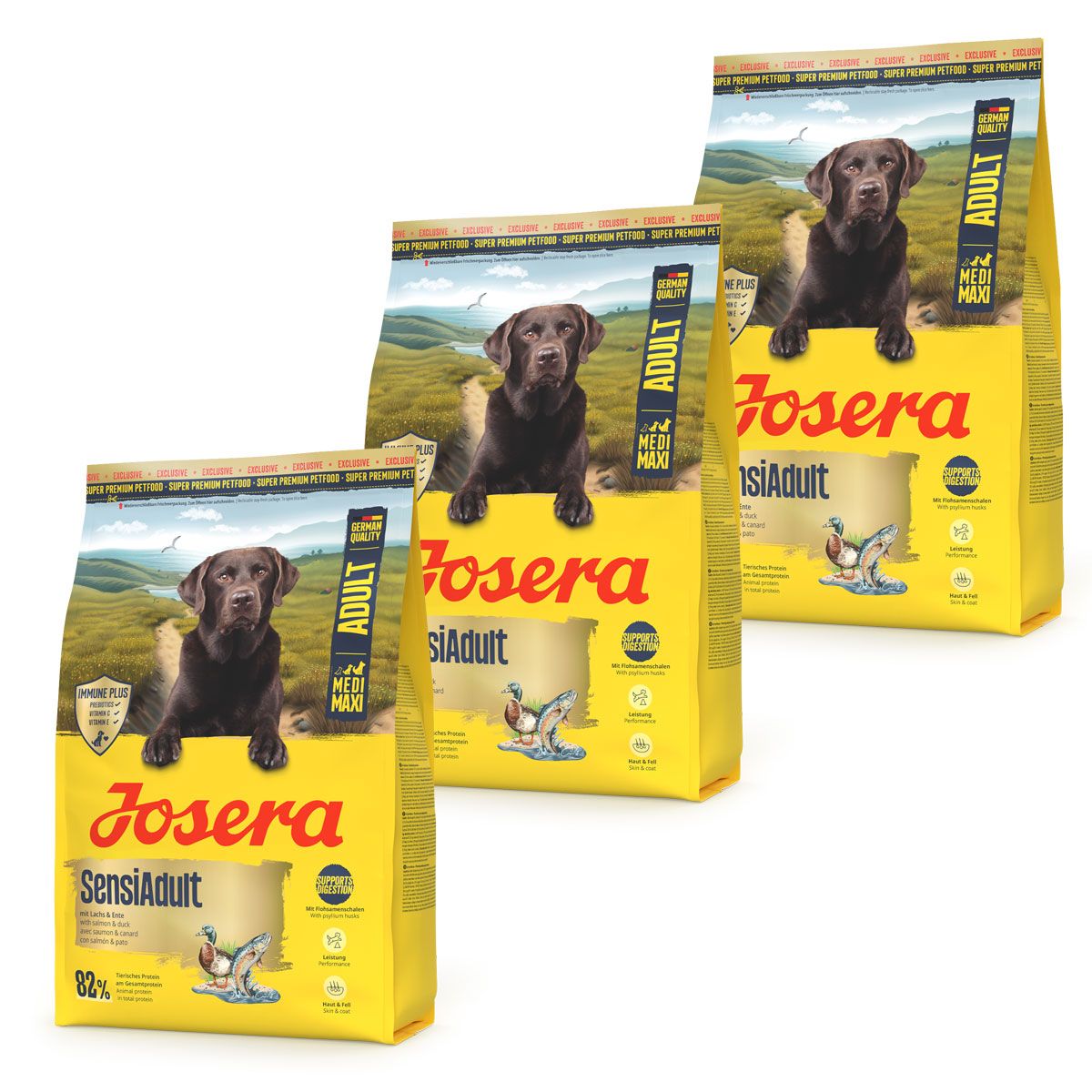Drei Packungen Josera SensiAdult Hundefutter, gelb mit braunem Labrador-Motiv.