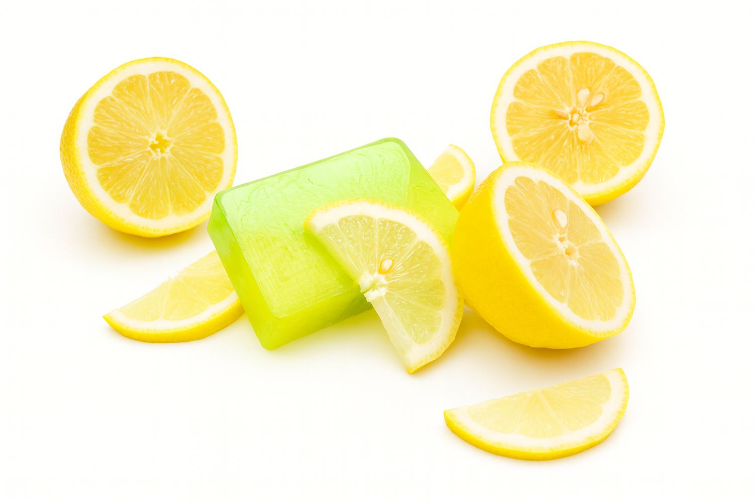 Grüne Seife mit Zitronenscheiben. Die Seife ist rechteckig. Gelbe Zitronen sind halbiert und in Scheiben geschnitten.