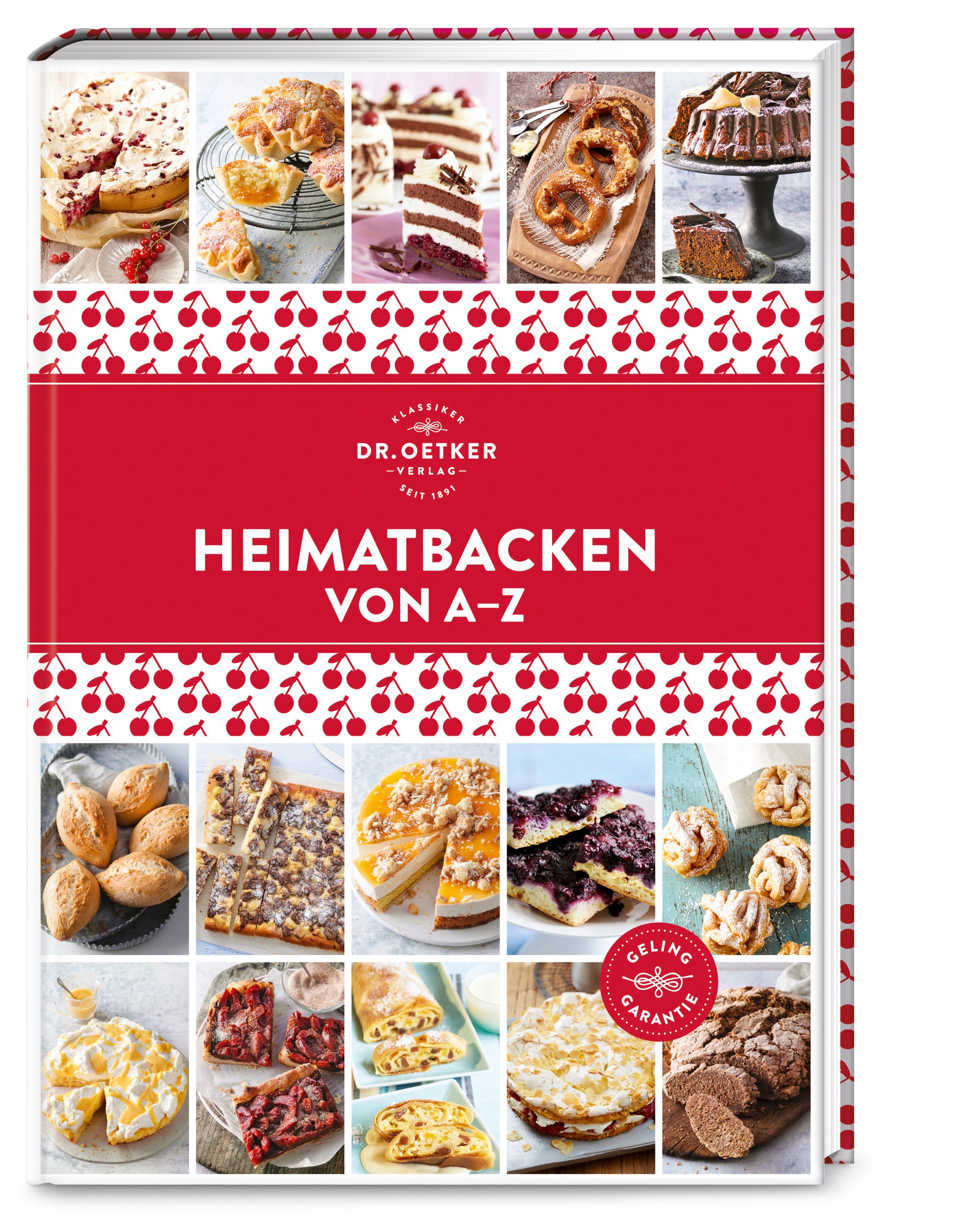 Buchcover mit roten Kirschenmuster und Titel "Heimatbacken von A-Z". Logo Dr. Oetker. Verschiedene Backwaren abgebildet.