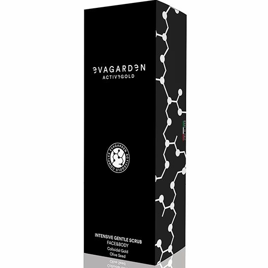 Schwarze Verpackung mit weißem Logo und Text. Enthält die Aufschrift "Eva Garden Active Gold Intensive Gentle Face & Body Scrub".