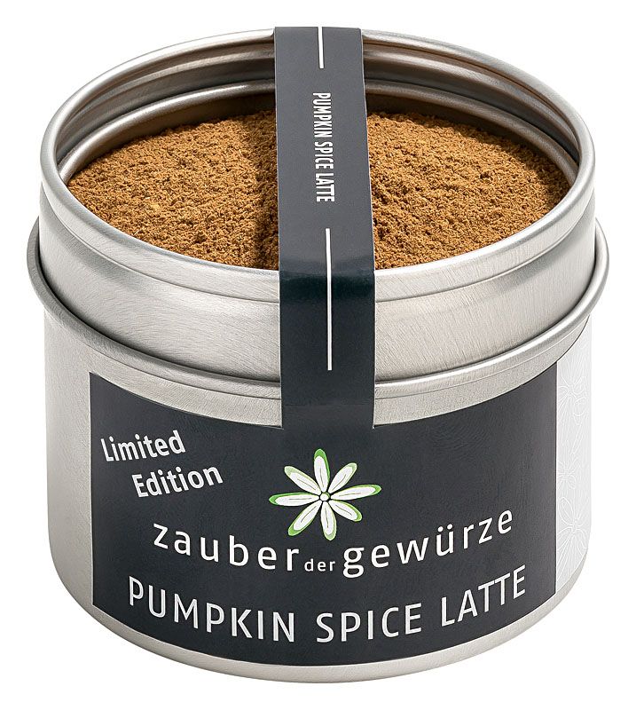 Metallbehälter mit Pumpkin Spice Latte Gewürz. Schwarzes Etikett mit Text und Logo. "Limited Edition" und Produktname sichtbar.