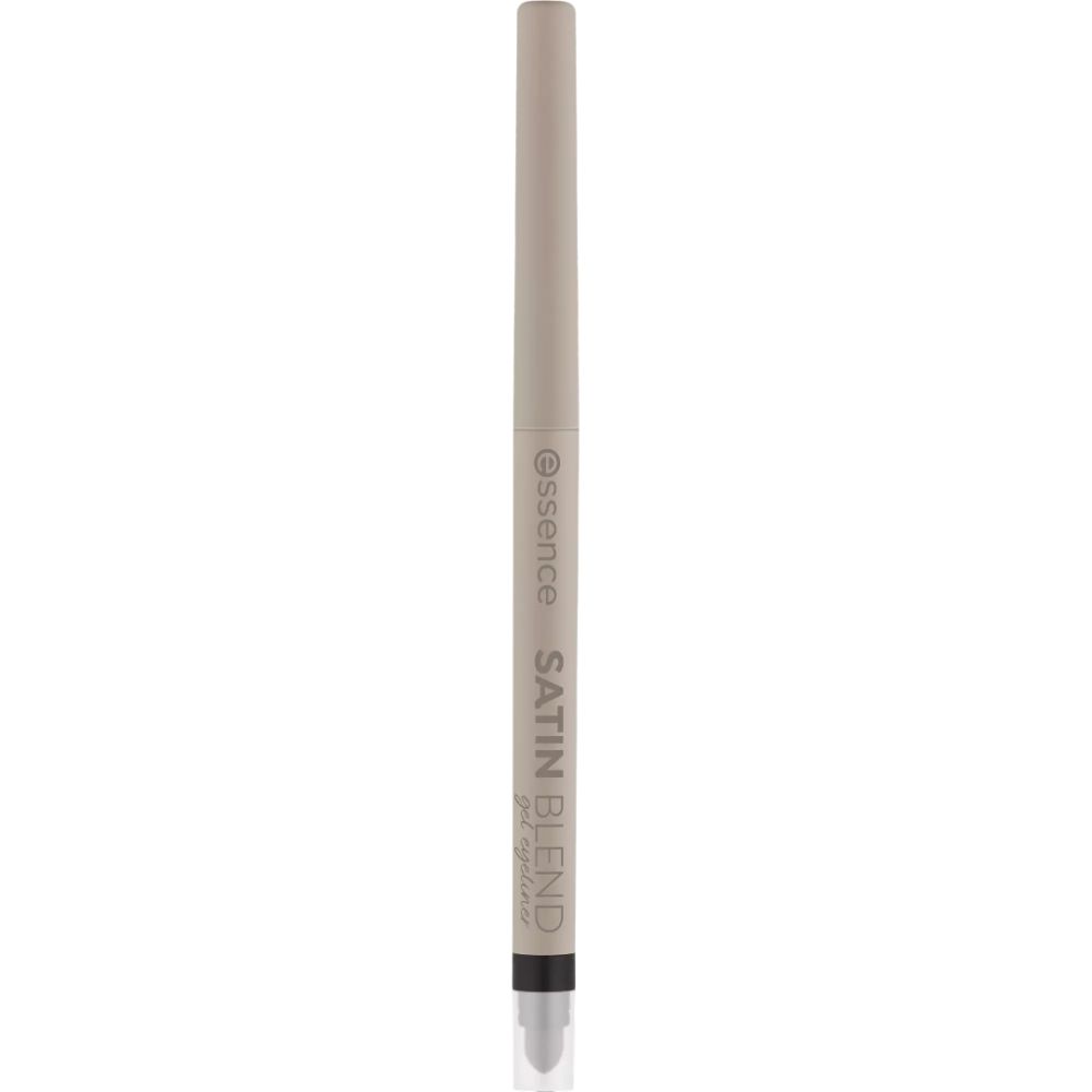 Essence Satin Gel Eyeliner. Beige Stift mit schwarzer Spitze. Aufschrift: Satin Blend, Gel Eyeliner. Transparente Kappe.