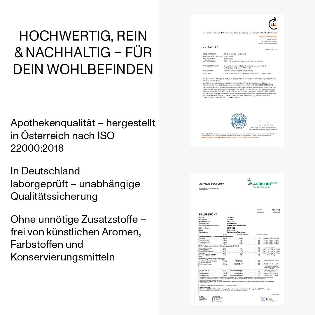 Text: Hochwertig, rein & nachhaltig. Apothekenqualität, hergestellt in Österreich nach ISO 22000:2018. Laborgeprüft in Deutschland.
