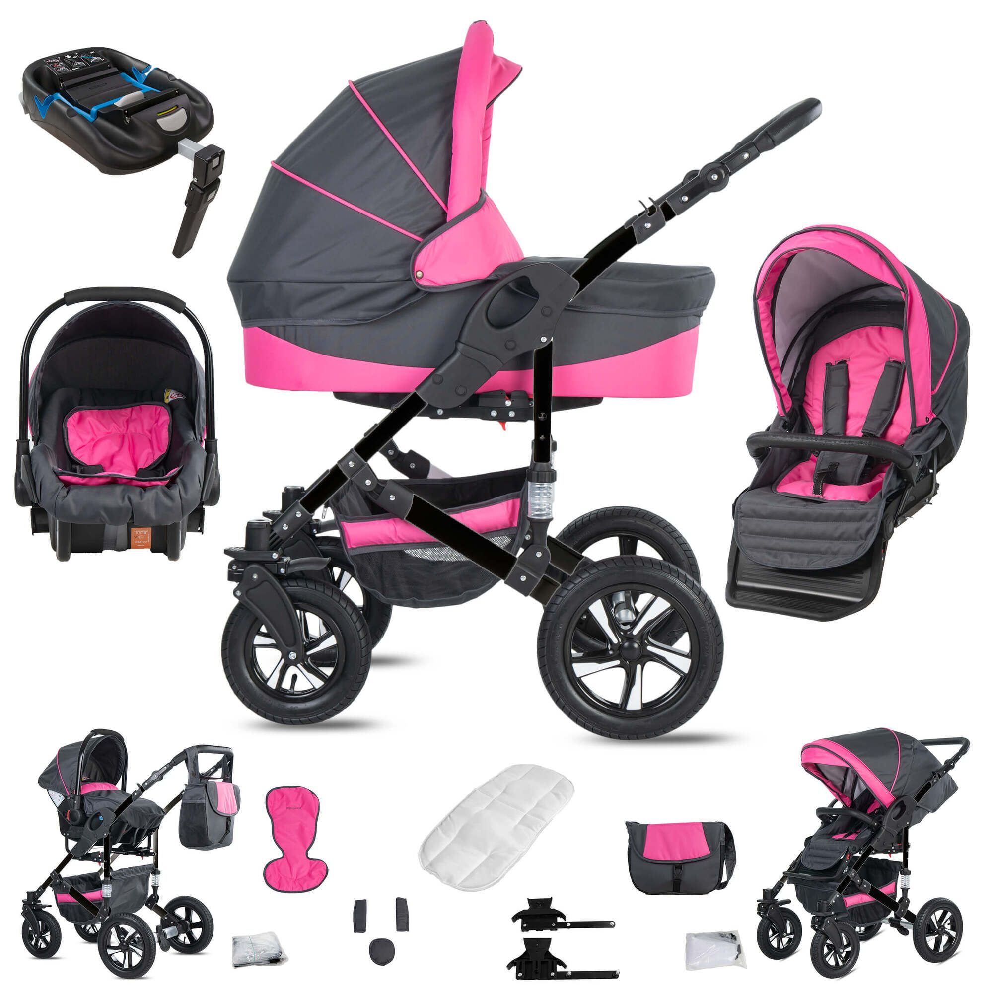 Friedrich Hugo Münster 4 in 1 Kinderwagen Komplettset ISOFIX Basis Luftreifen, Grey & Pink