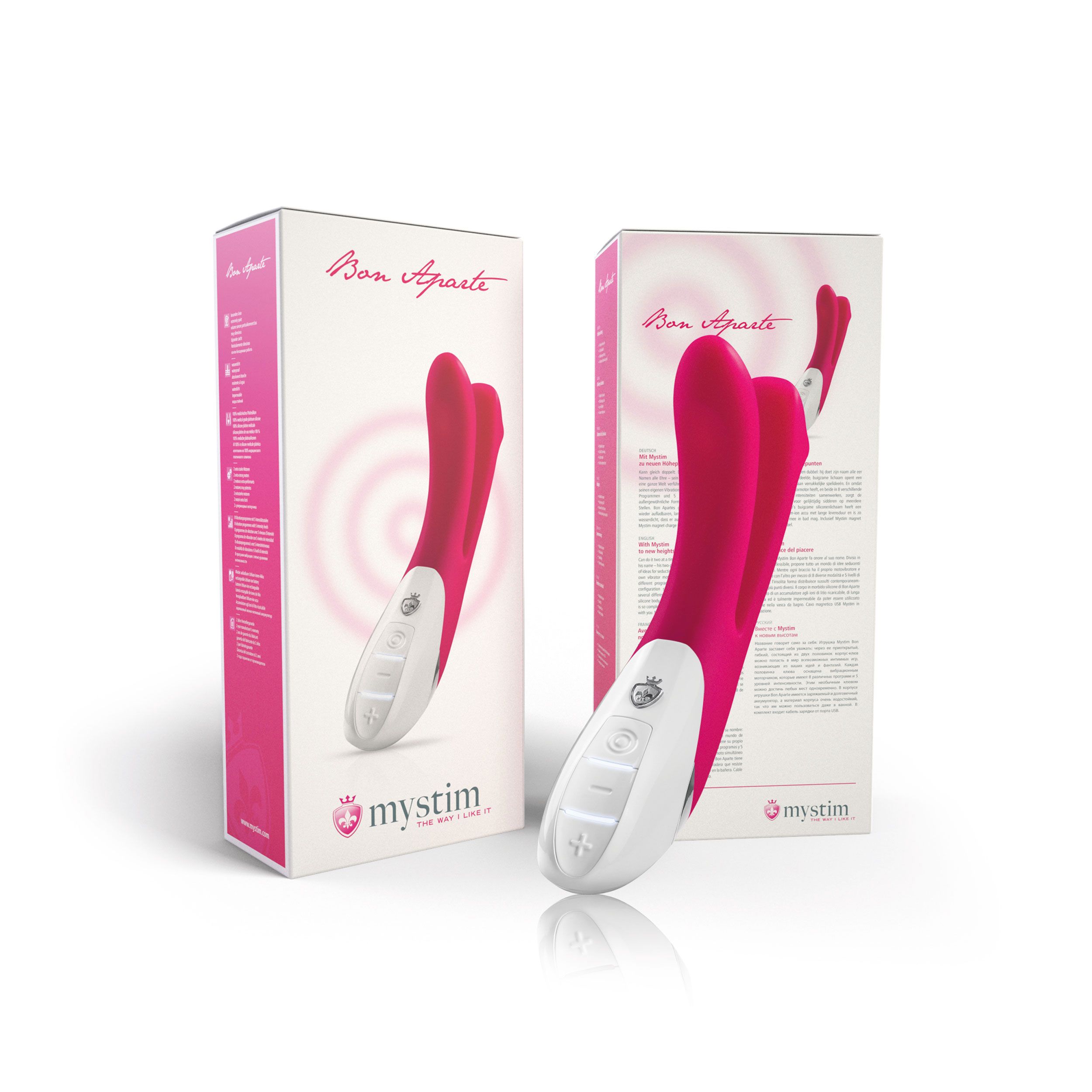 Zwei Produktverpackungen. Rosa Boxen mit Vibrator-Abbildung. Text: mystim Bon Aparte.