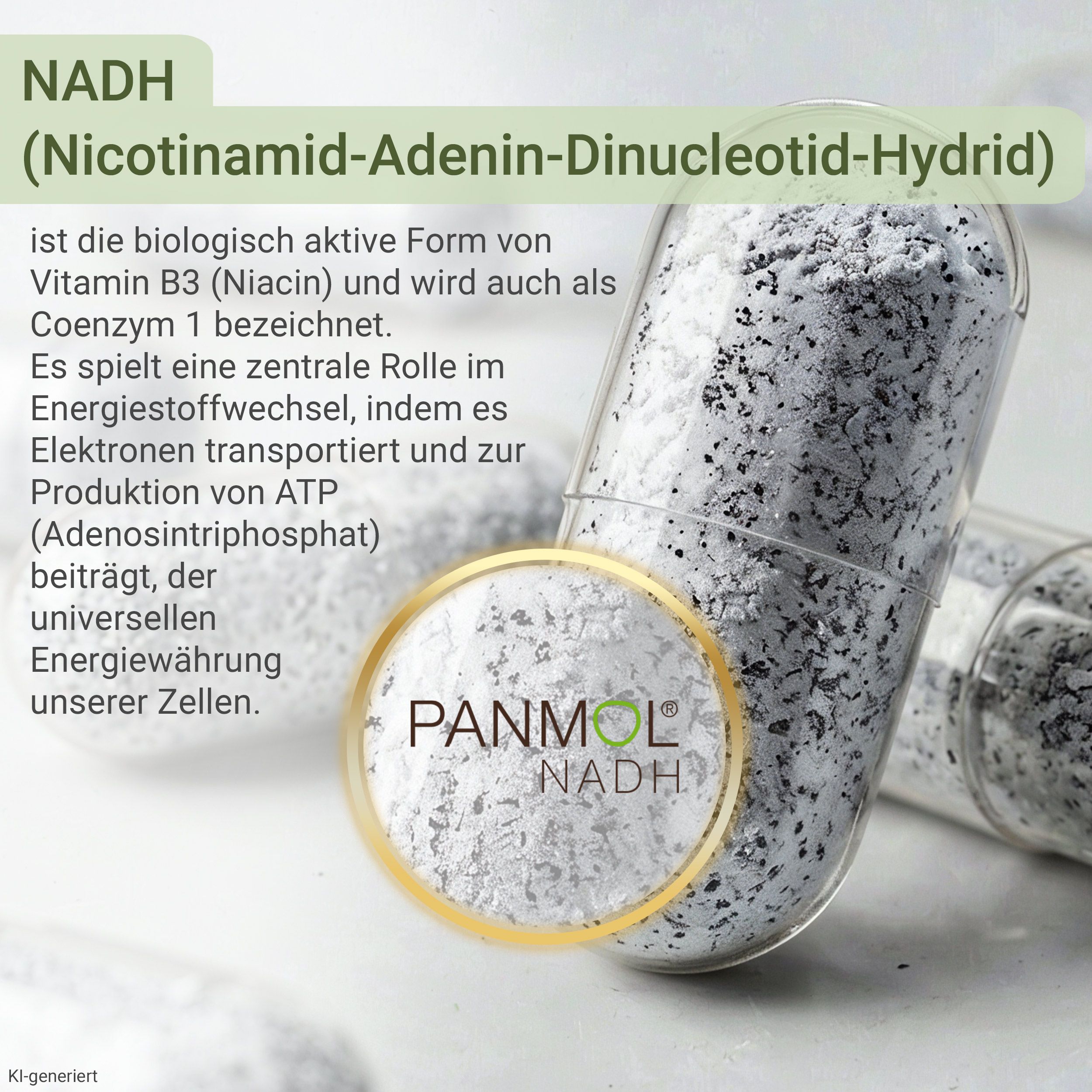 NADH-Kapseln mit PANMOL NADH Logo. Weißes Pulver mit schwarzen Partikeln in transparenten Kapseln.