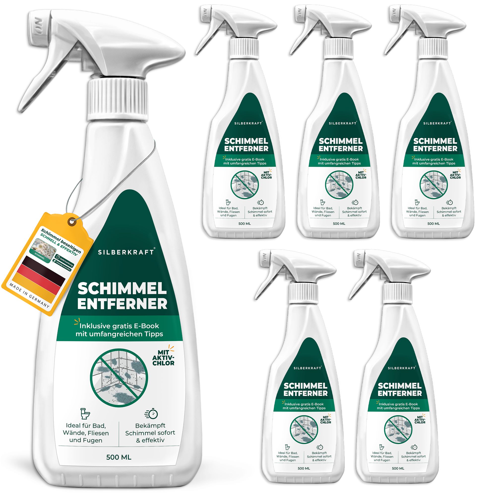 Mehrere Sprühflaschen. Produkt mit Etikett, E-Book-Hinweis, Made in Germany.