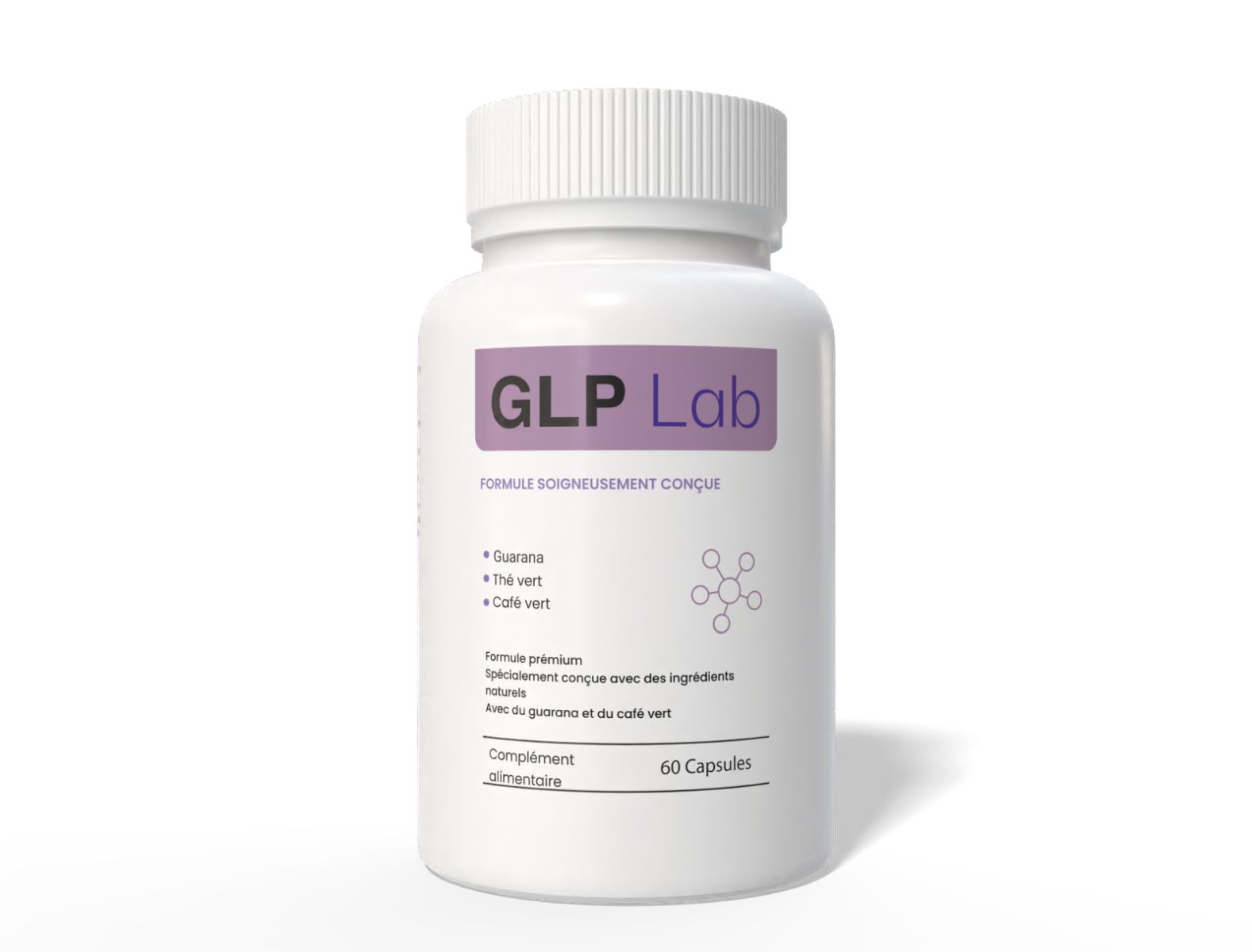 Weiße Flasche mit lila Etikett. Aufschrift: GLP Lab, 60 Kapseln. Enthält Guarana, Grüner Tee, Grüner Kaffee.