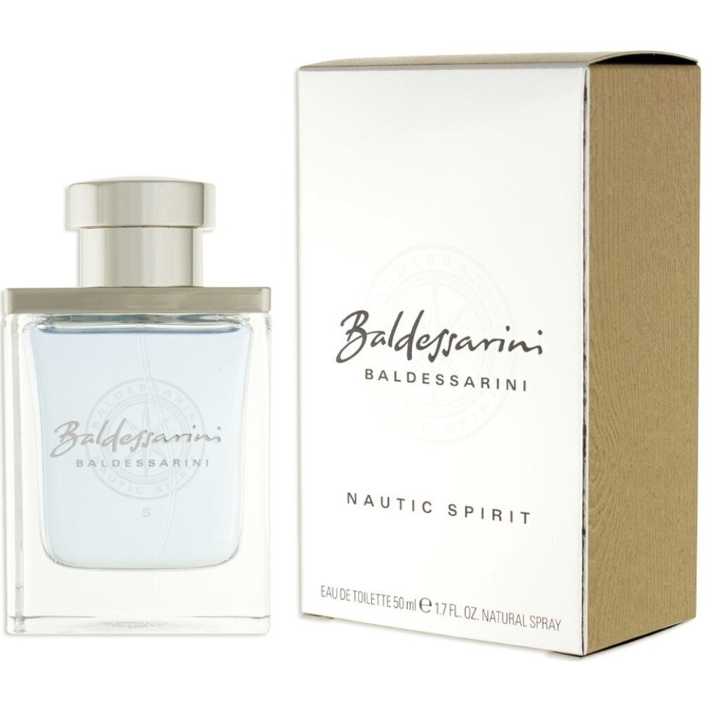 Baldessarini Nautic Spirit Eau de Toilette Vaporisateur mit Verpackung. Flasche und Karton mit Logo und Produktbezeichnung.
