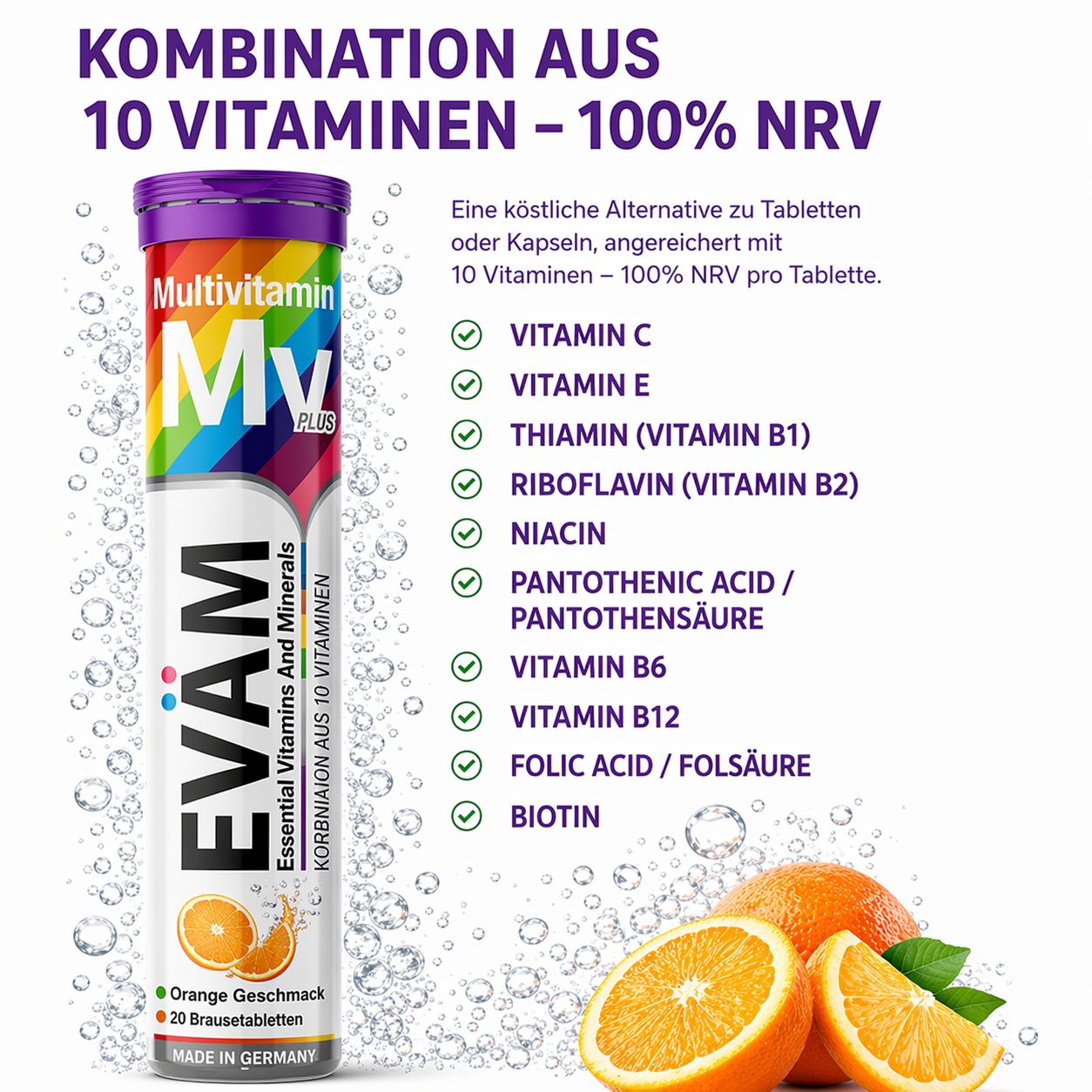 EVÄM Multivitamin-Brausetabletten-Tube mit 10 Vitaminen und Orangen.