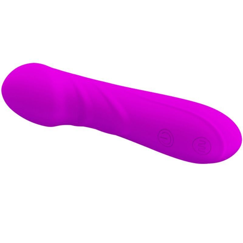 Lila Vibrator mit geschwungener Form. Zwei Knöpfe an der Basis.