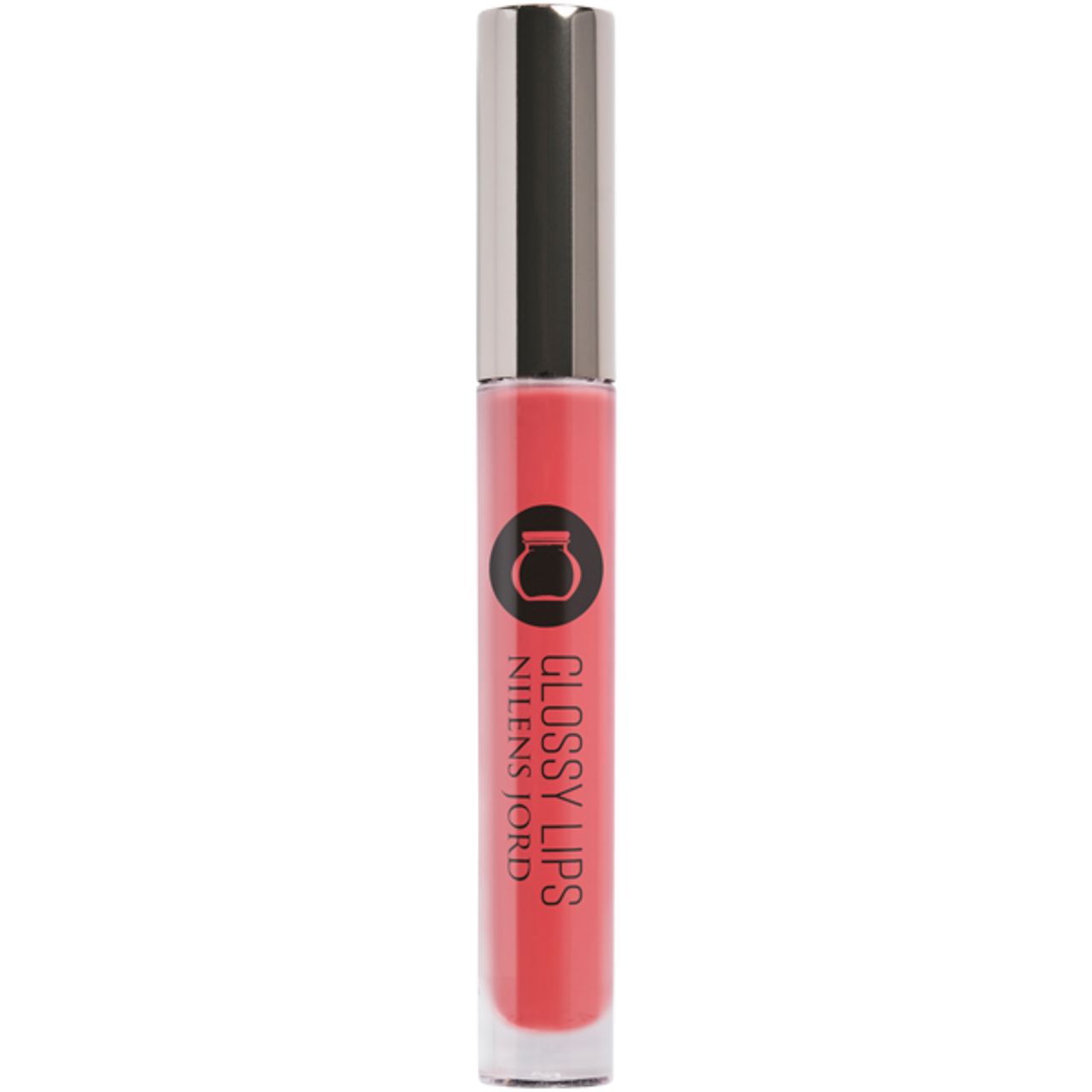 Roter Lipgloss mit silberner Kappe. Aufschrift "GLOSSY LIPS" und "NILENS JORD".
