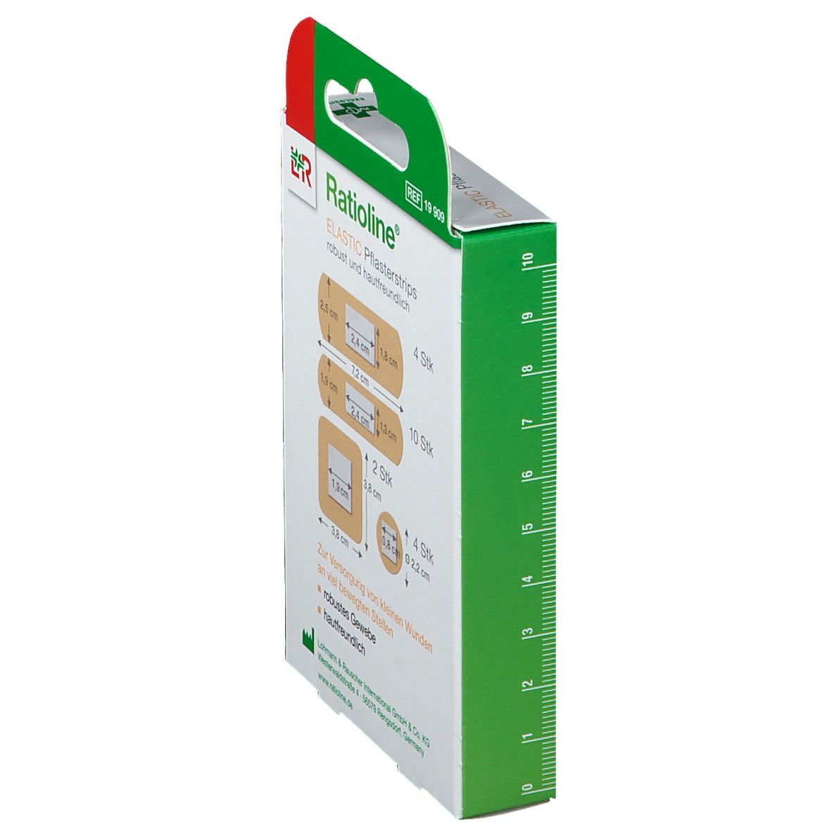 Ratioline® elastic Pflasterstrips-Verpackung, Seitenansicht mit Größenangaben. Verschiedene Pflastergrößen dargestellt.