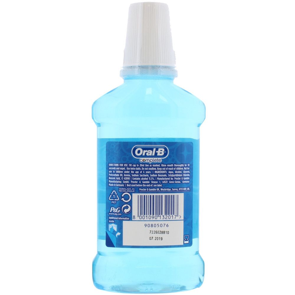 Mundspülung-Flasche, blau, mit weißem Verschluss. Rückseite mit Etikett und Text. Marke: Oral-B.