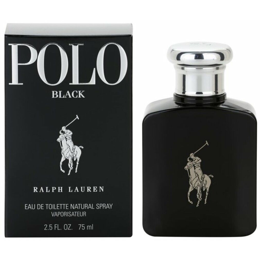 Schwarzer Flakon mit silbernem Verschluss und Logo. Daneben die Verpackung mit Logo und Schriftzug Polo Black.