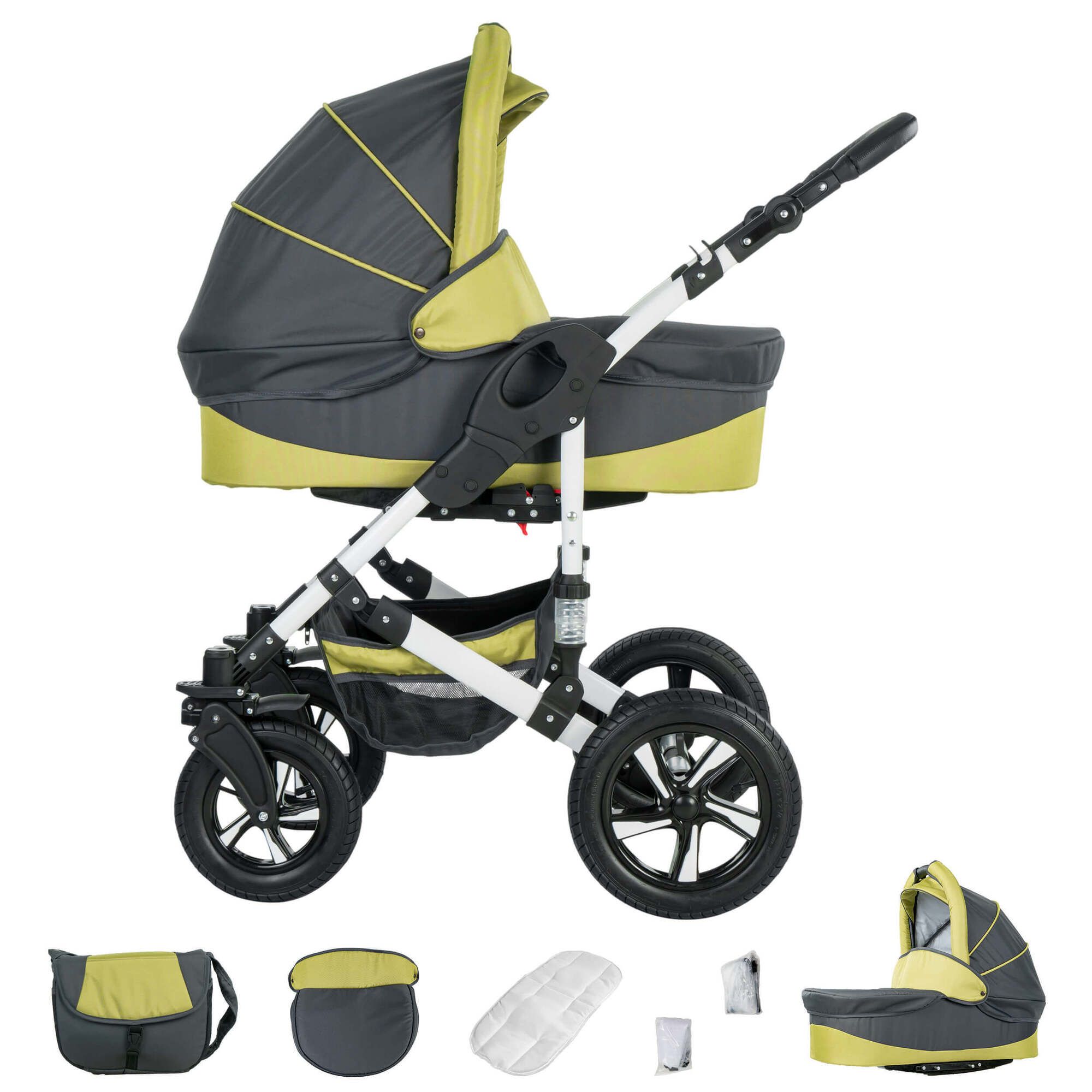 Friedrich Hugo Hamburg 4 in 1 Kinderwagen Komplettset ISOFIX Basis Hartgummireifen, Grey & Green