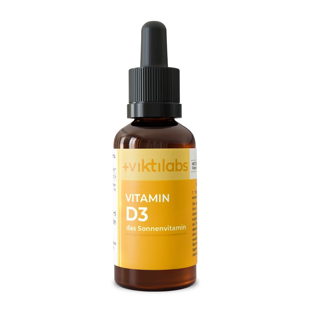 Braune Glasflasche mit schwarzem Deckel und Pipette. Gelbes Etikett mit Text: Vitamin D3, das Sonnenvitamin. Viktilabs Logo.