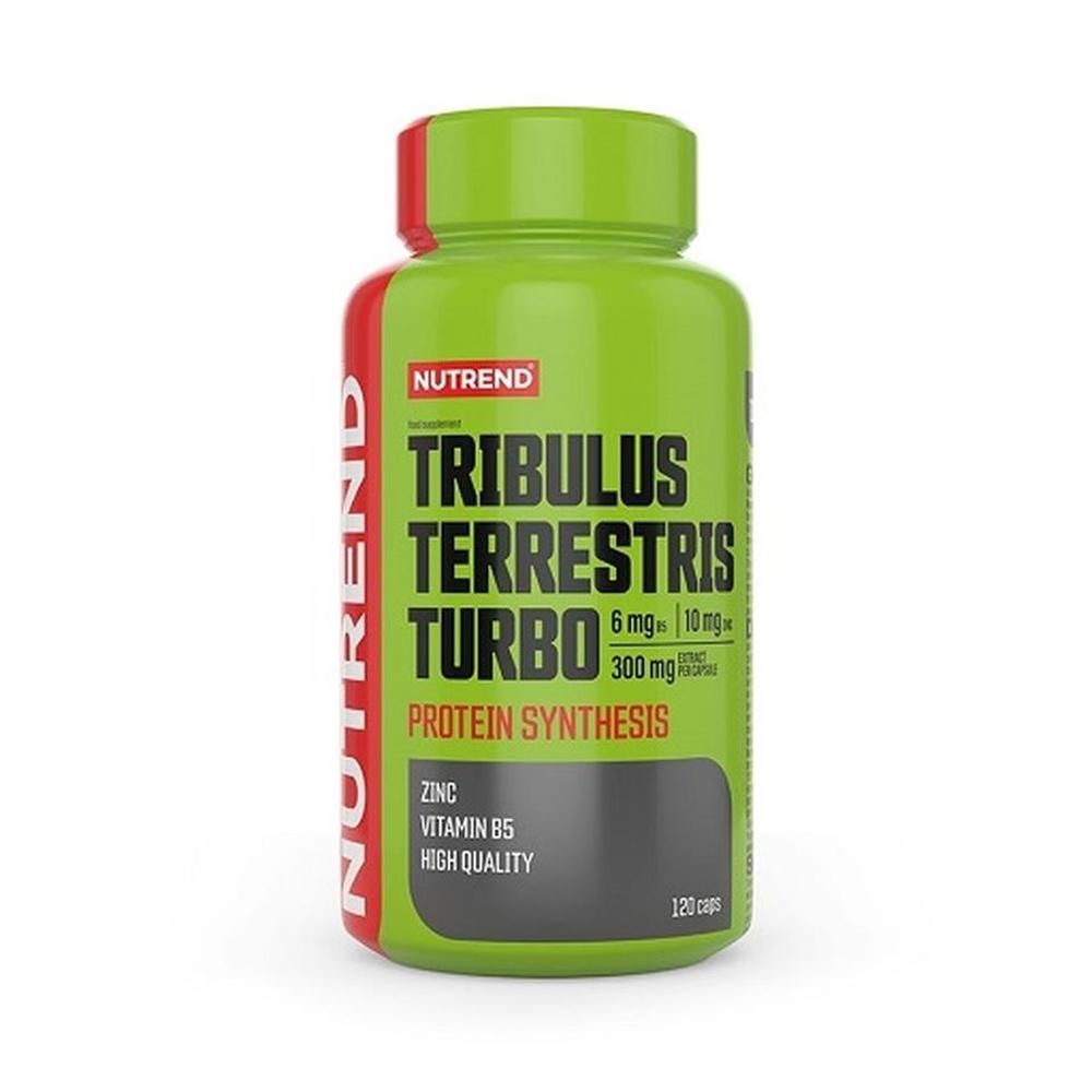 Grüne Flasche mit rotem Deckel. Aufschrift: Nutrend Tribulus Terrestris Turbo. Enthält Zink, Vitamin B5. 120 Kapseln.