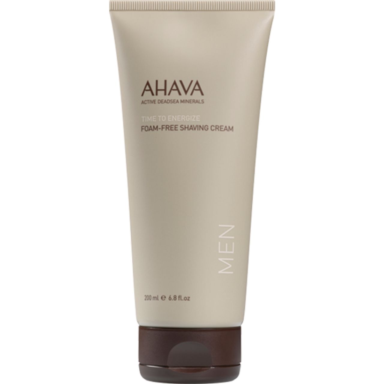 Tube Rasiercreme. Beige Tube mit braunem Deckel. Aufschrift: AHAVA, TIME TO ENERGIZE, MEN.