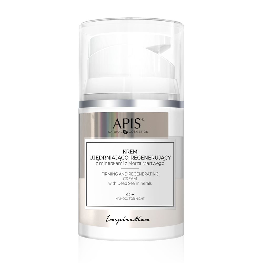Creme-Spender mit weißem Deckel. Beschriftung: APIS, straffende und regenerierende Nachtcreme 40+. Mit Mineralien aus dem Toten Meer.