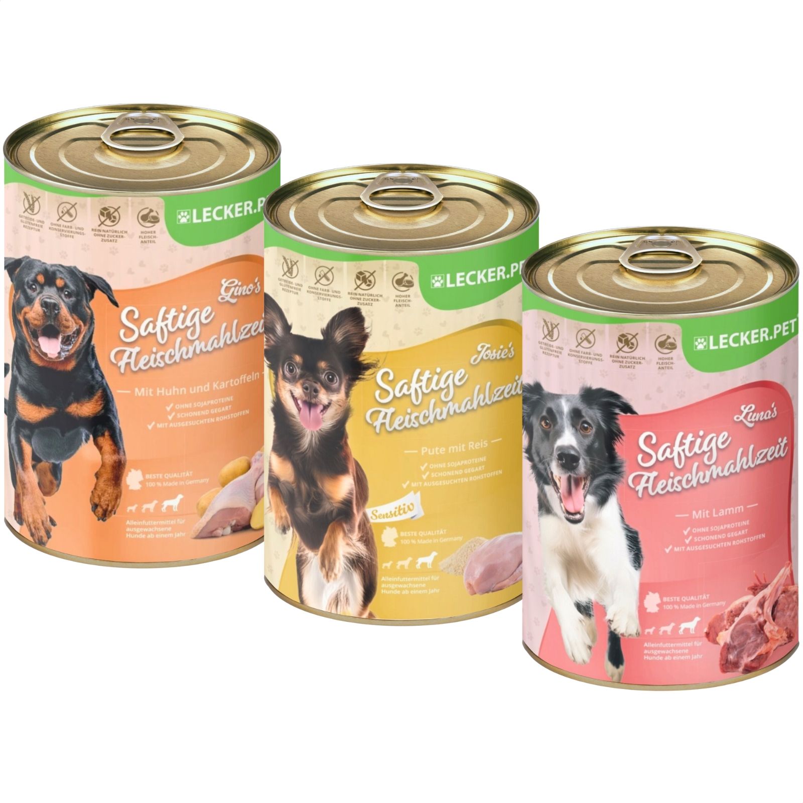 Lecker.Pet® Gino's, Josie's & Luna's Saftige Fleischmahlzeit Hunde Nassfutter Mix Vollnahrung 7,2 kg Nicht relevant