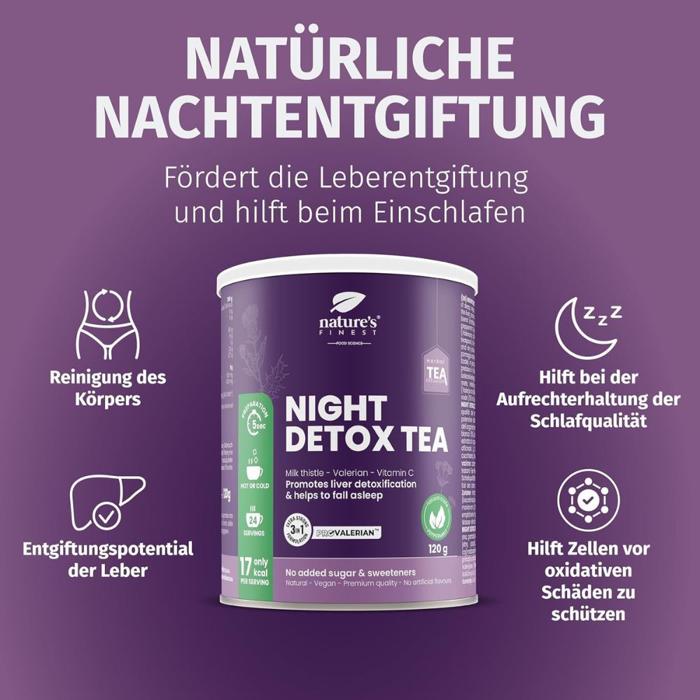 Dose Nature's Finest Night Detox Tea. Text: Night Detox Tea, 120g. Abbildungen: Körperreinigung, Schlafqualität, Leber, Antioxidantien.