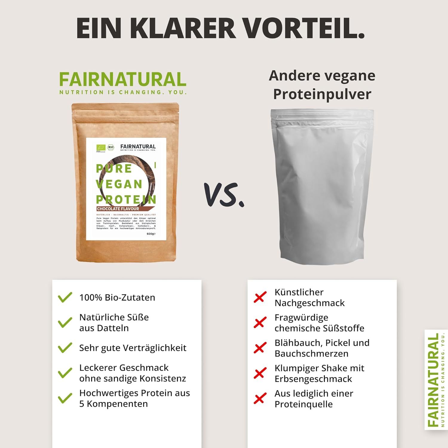 Vergleich: FAIRNATURAL Protein vs. andere vegane Proteinpulver. Vorteile: Bio-Zutaten, natürliche Süße, gute Verträglichkeit.