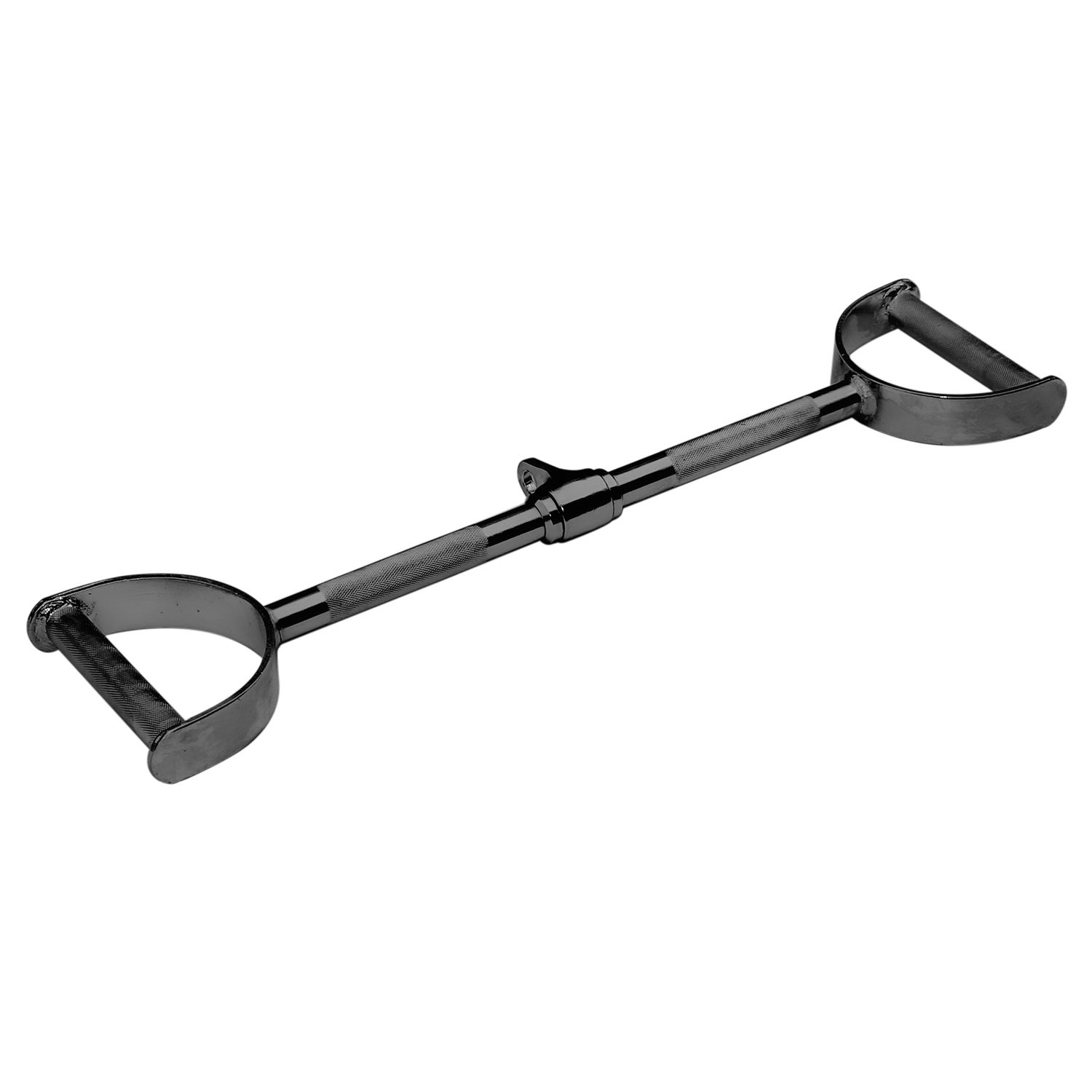 Schwarze Latzugstange mit Hufgriffen, leicht schräg von oben. Metallkonstruktion mit zwei Griffen und zentralem Gelenk.