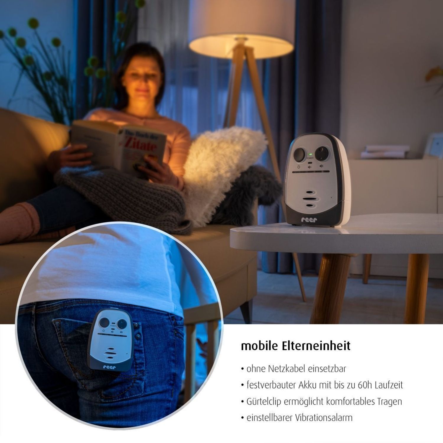 Reer Cosmo Babyphone Elterneinheit in Jeans-Tasche, mit Gürtelclip.