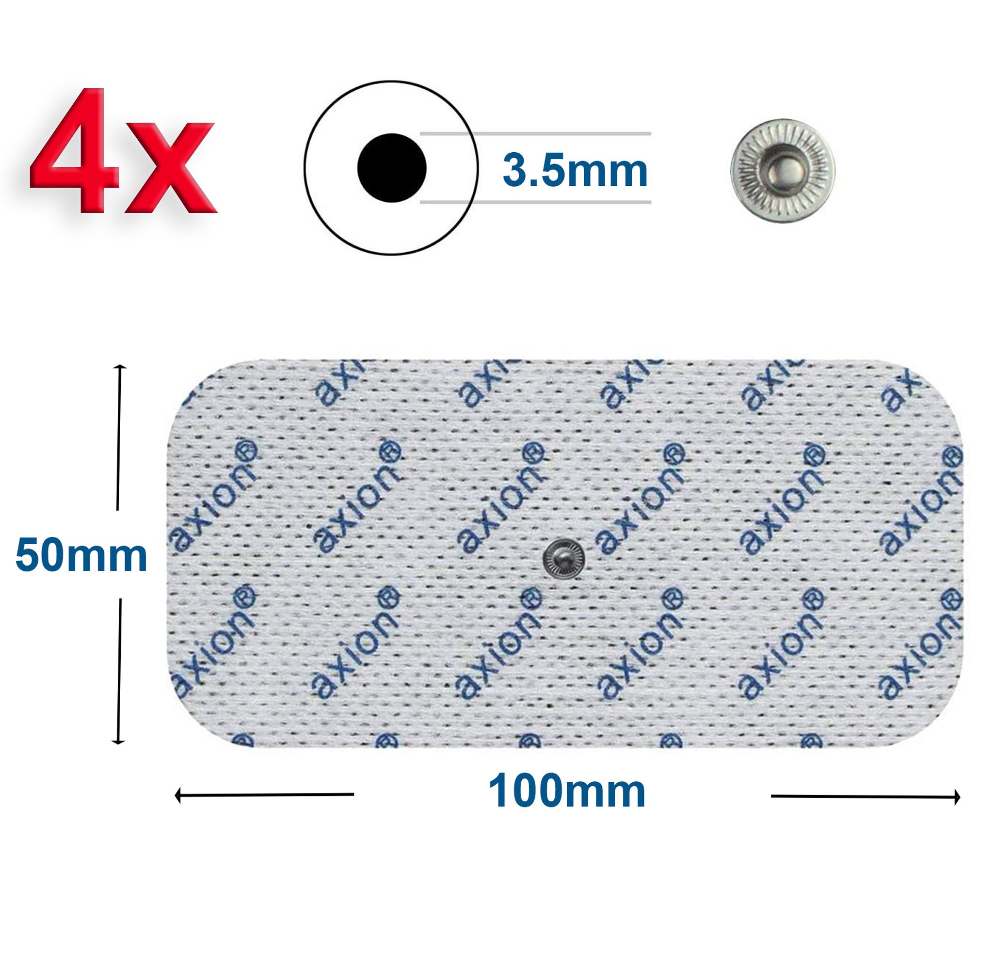 Rechthoekig axion® elektrodepad. 50x100mm. Met 3,5 mm drukknopverbinding. axion® logo.