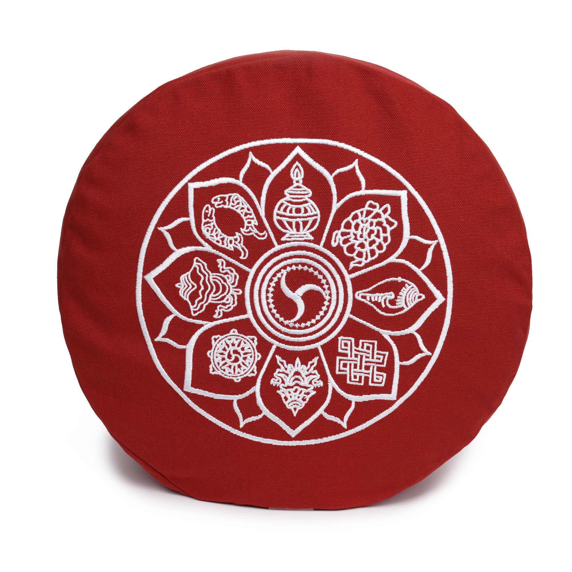 Rotes Meditationskissen mit weißem Aufdruck von acht Glückssymbolen in Lotusform.