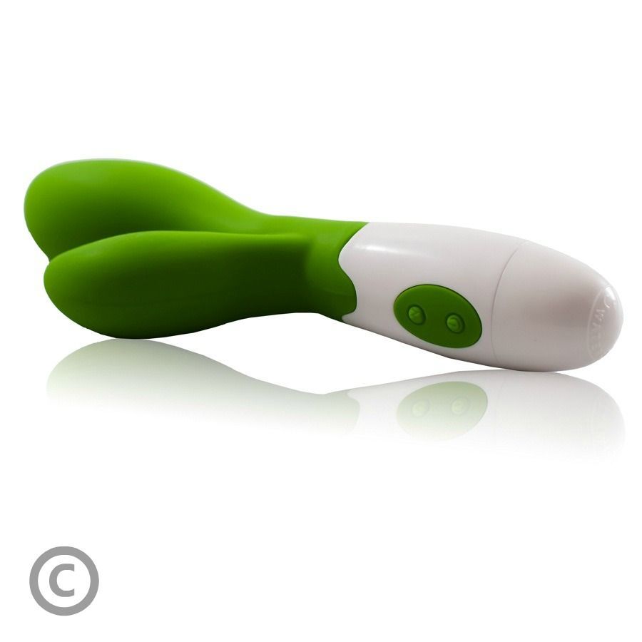 Grüner Vibrator mit weißem Griff und grünen Knöpfen. Form: zwei Blätter. Liegend.