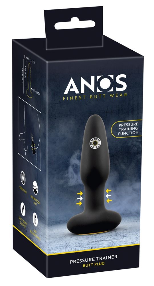 Verpackung mit Analplug. Schwarzer Plug mit konischer Spitze. Text: ANOS, Pressure Trainer, Butt Plug. Symbole.