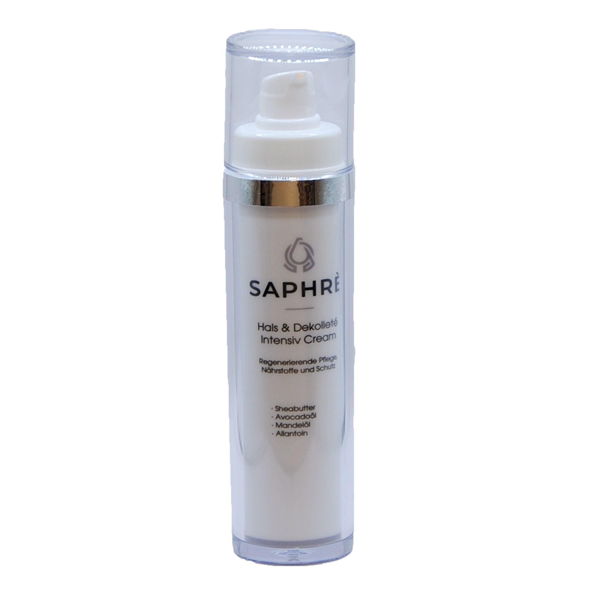 Creme-Spender mit weißem Inhalt. Beschriftung: Saphre Hals & Dekollete Intensiv Cream. Transparente Kappe.