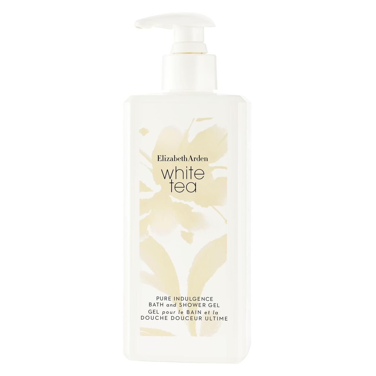 Weiße Flasche mit Pumpe. Aufschrift: Elizabeth Arden White Tea Pure Indulgence Bath and Shower Gel. Floral-Design.