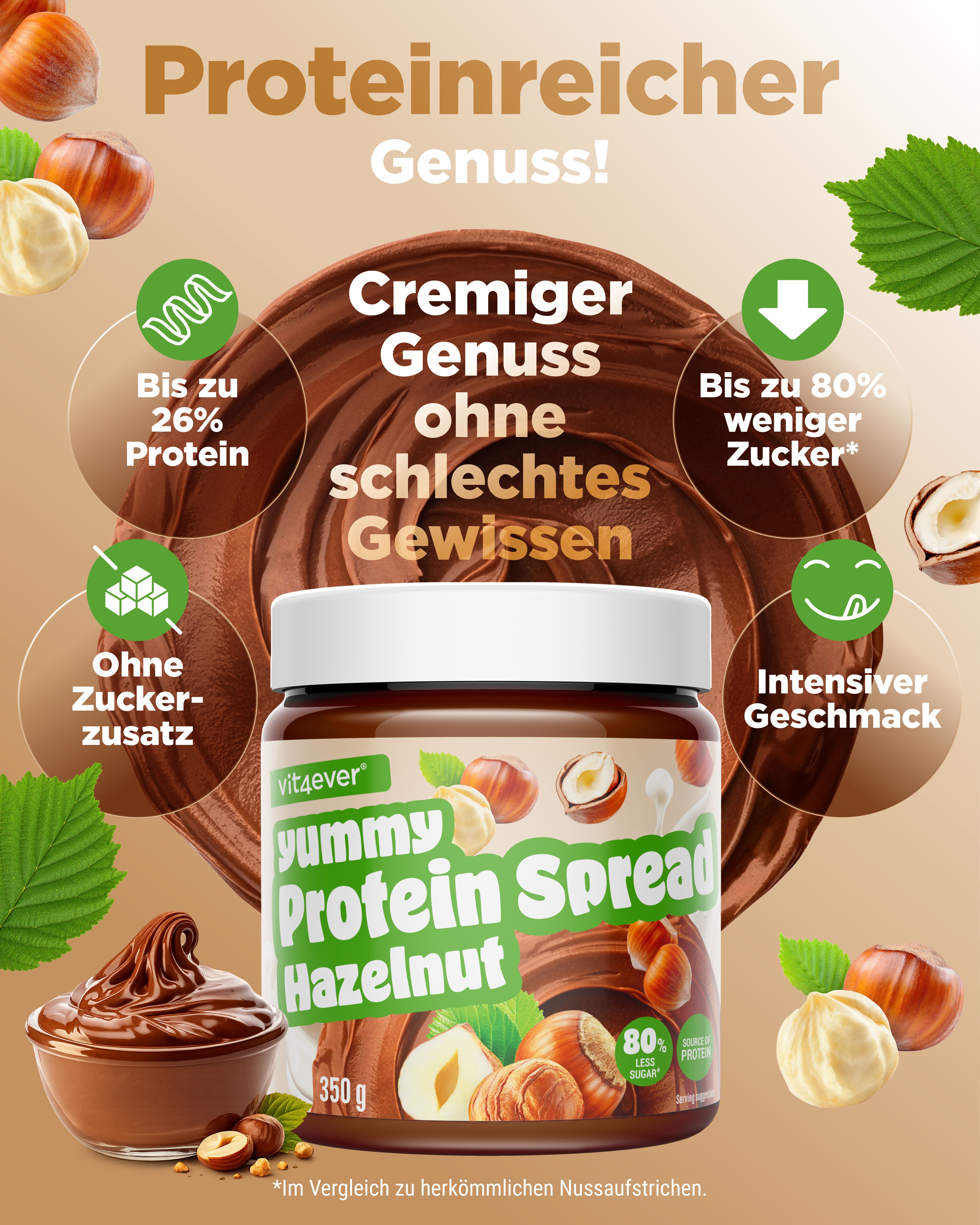 Vit4ever Yummy Protein Spread Haselnuss: Cremiger Genuss ohne schlechtes Gewissen, bis zu 26% Protein, ohne Zuckerzusatz.