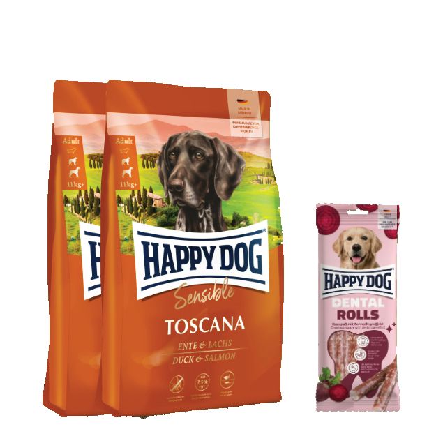 Happy Dog Sensible Toscana Doppelpack + Dental Rolls für Hunde 25,1 kg