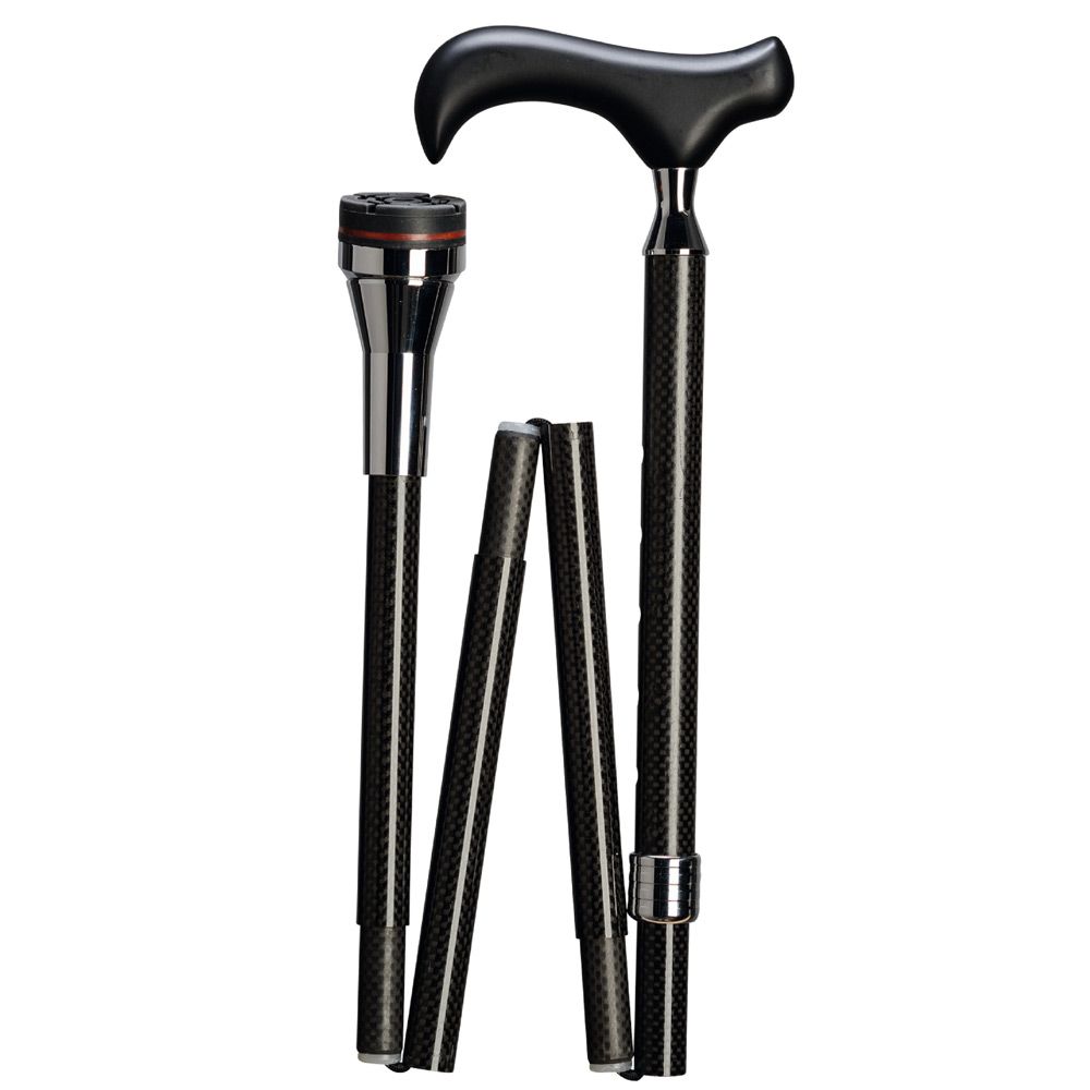 Faltstock aus Carbon, Derby-Griff, schwarz. Zusammengeklappt. Schwarze und silberne Elemente.